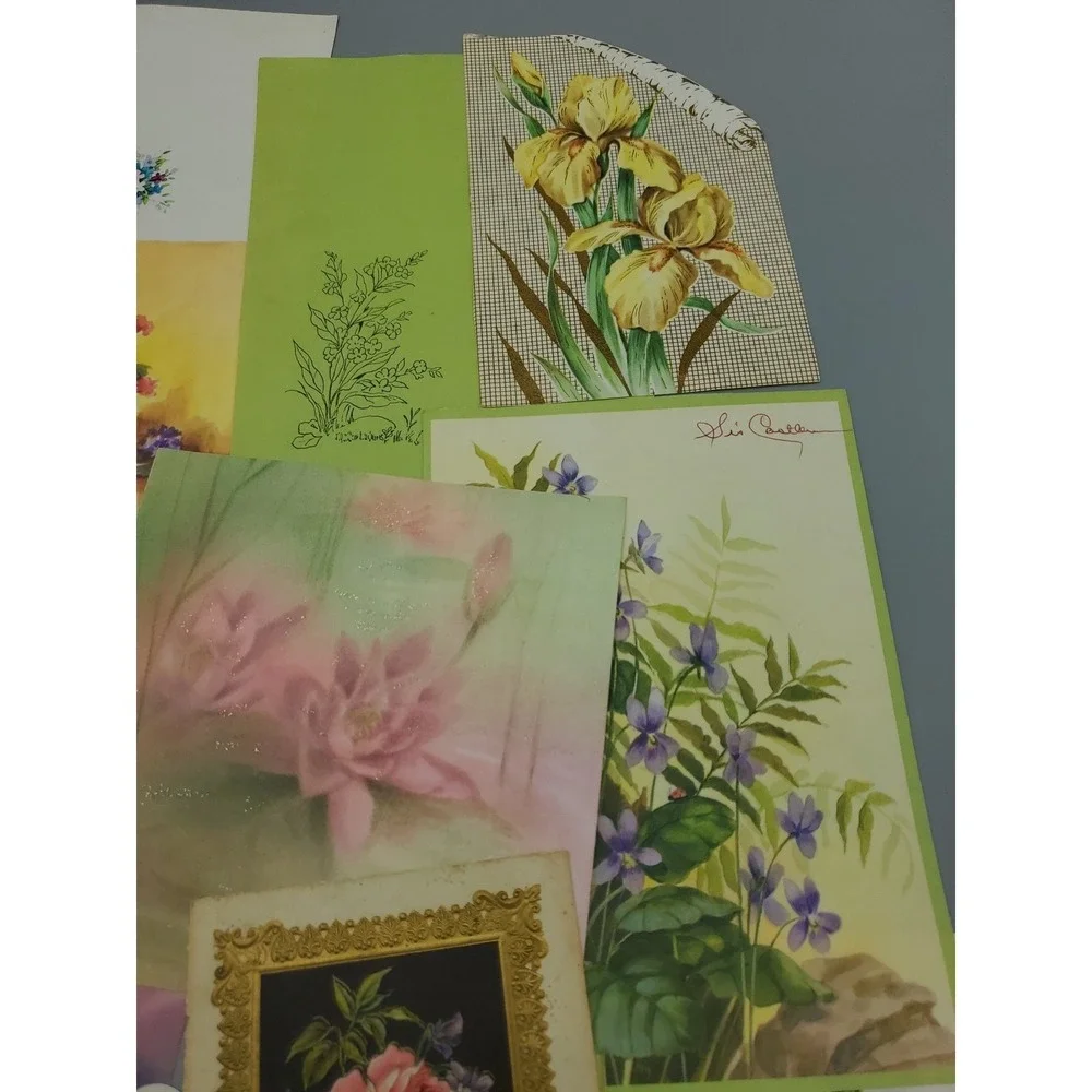 14 Old Vintage Used Greeting Card Fronts for Crafts‎ Flowers Lotus Rose Violet